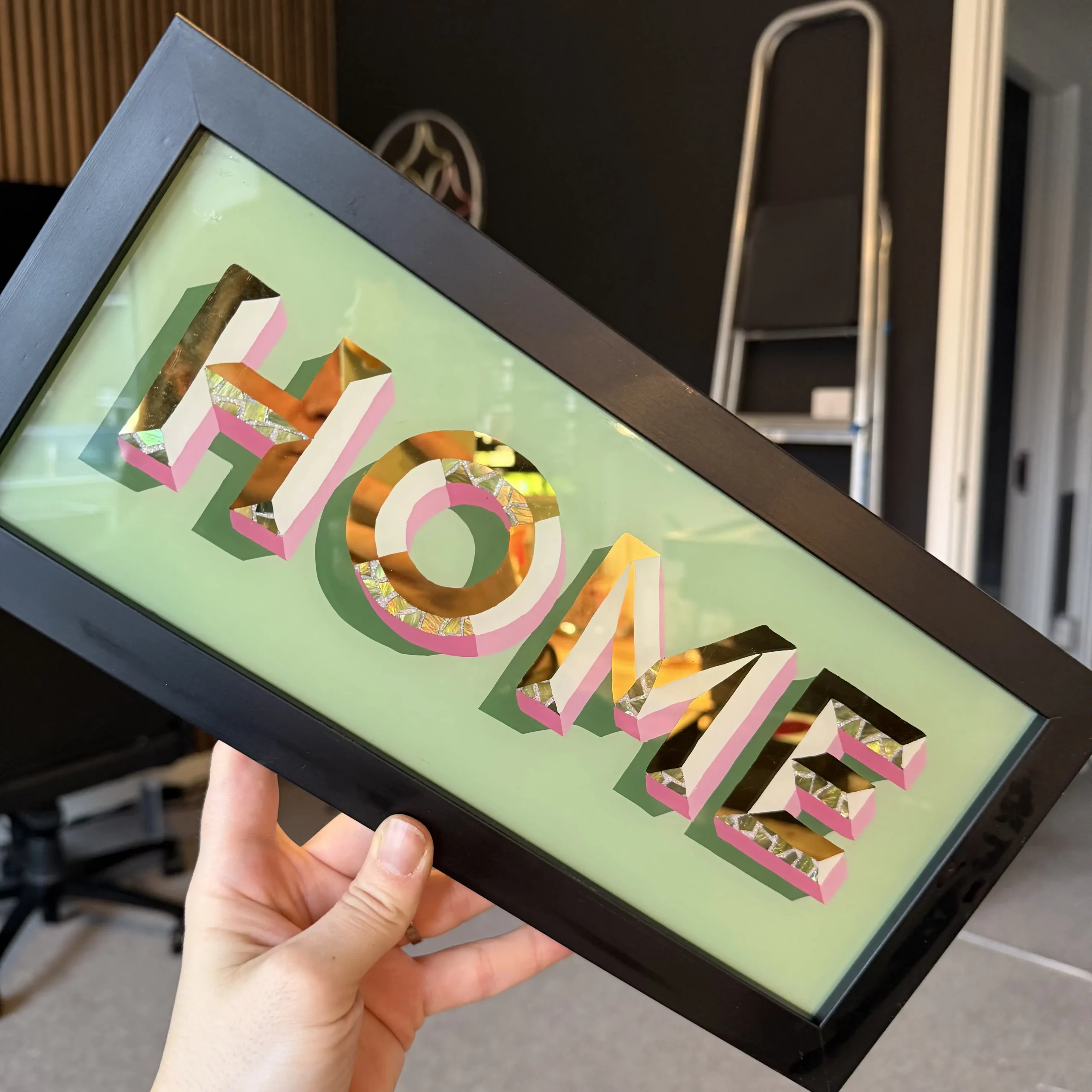 23ct Gold Gilded Glass Home Sign - Sage & Pink